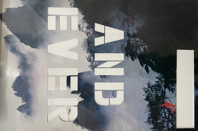 A photo-offset poster depicting text overlaying a smoky forest landscape.