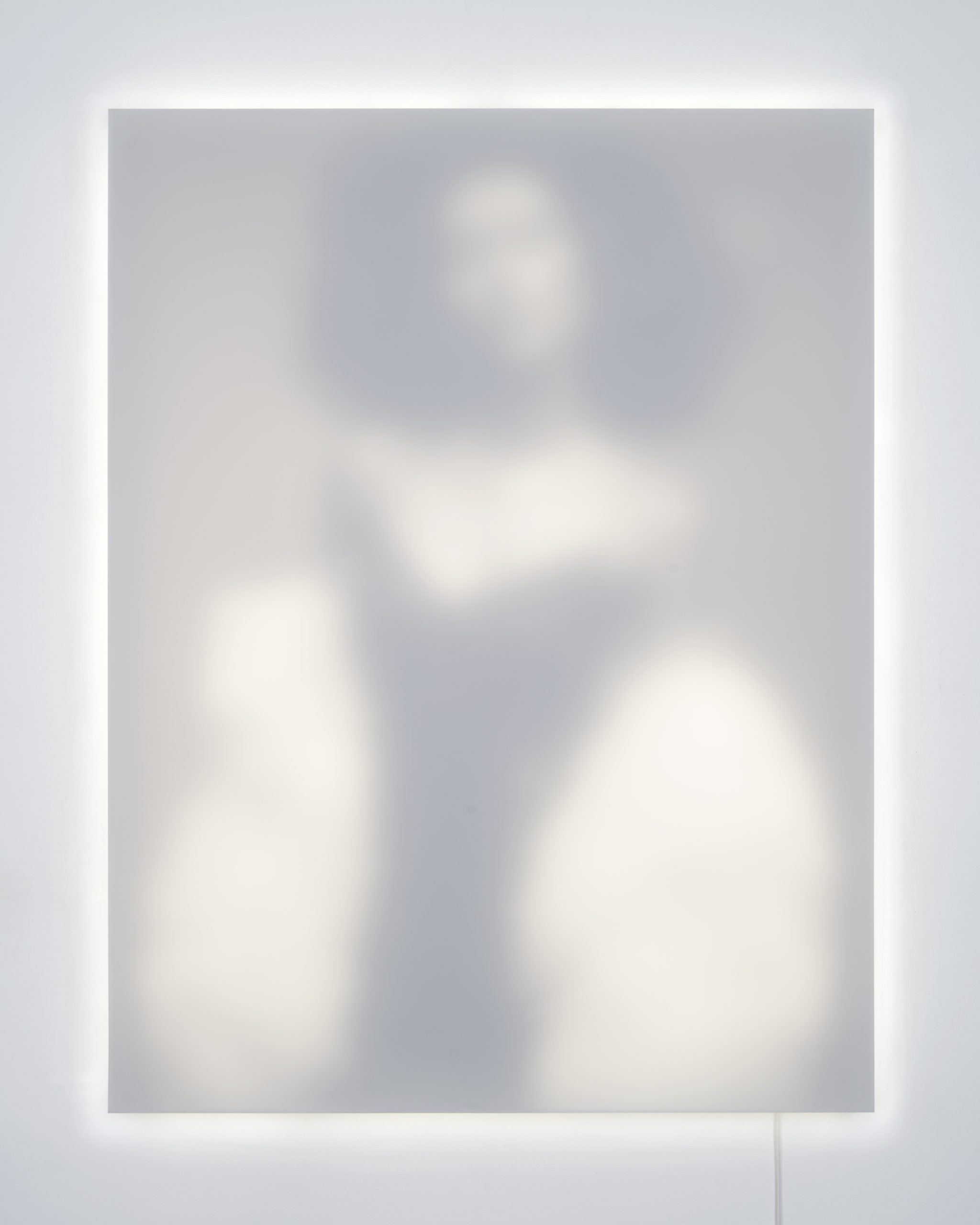 A mixed-media artwork depicting a blurred figure wearing a fancy dress and shawl.