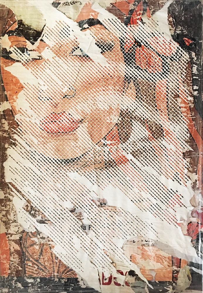 A black-and-white rendering of a human eyeball carved into layers of old posters.