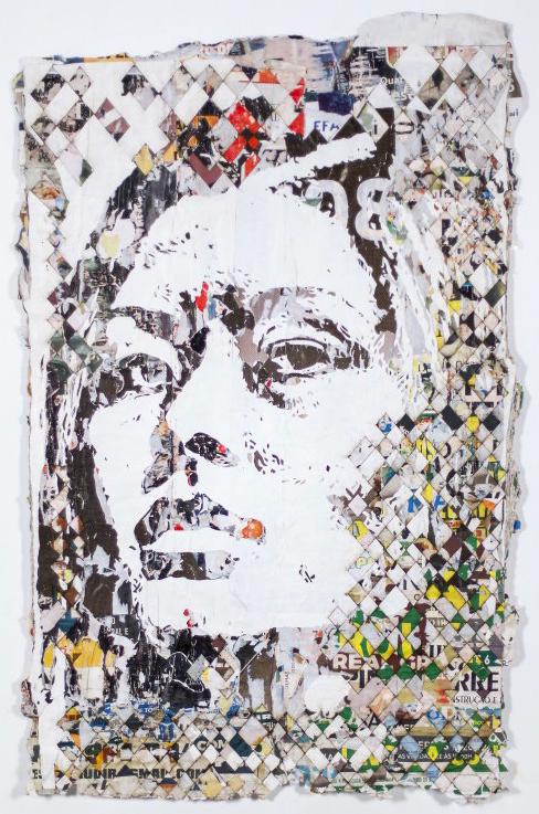 A collaged canvas featuring a face made up of posters cut into squares.