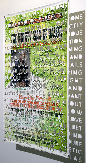 A mixed-media artwork of an advertisement with various words reflected behind the poster.
