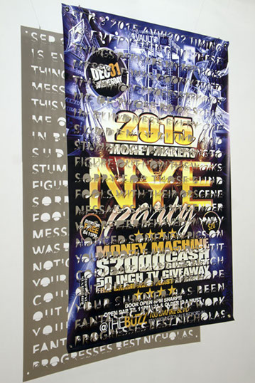 A mixed-media artwork of a New Years Eve advertisement with words reflected behind the poster.