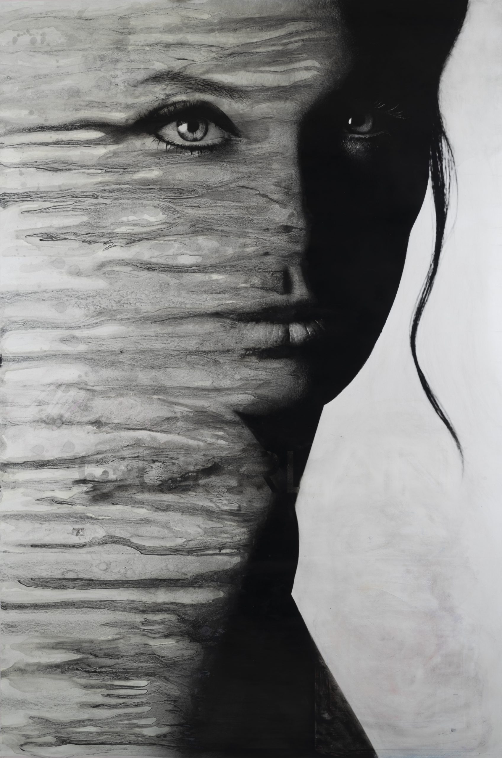 A mixed-media poster of a model's face smeared across the page.