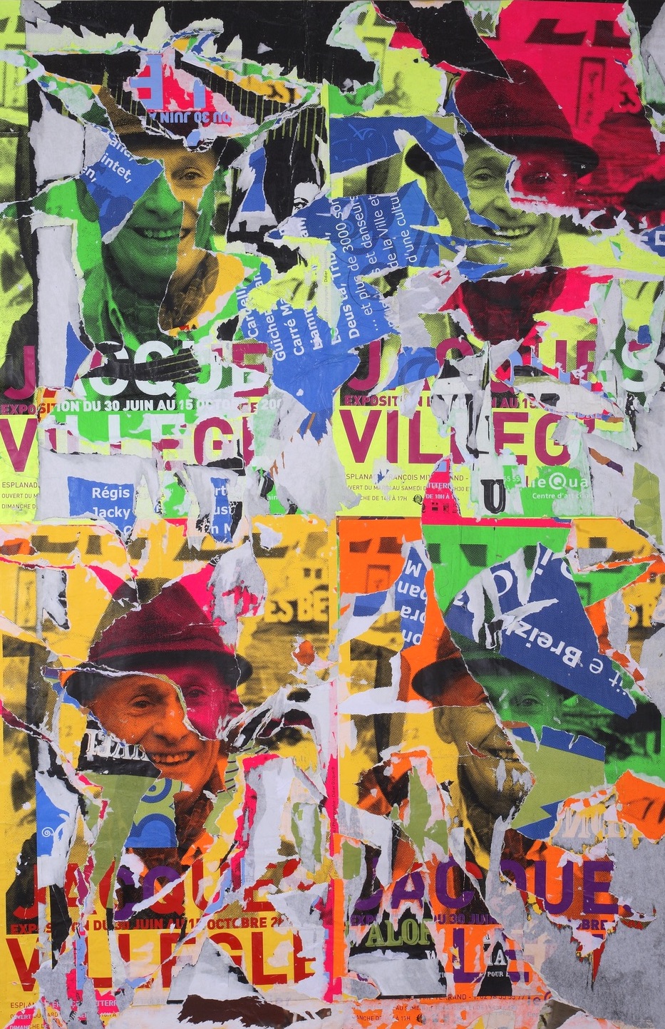 A collaged canvas forming 4 images of a figure made from many ripped pieces of colorful paper.