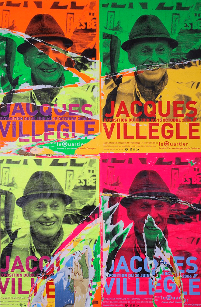 A collaged canvas forming 4 images of a figure made from few ripped pieces of colorful paper.