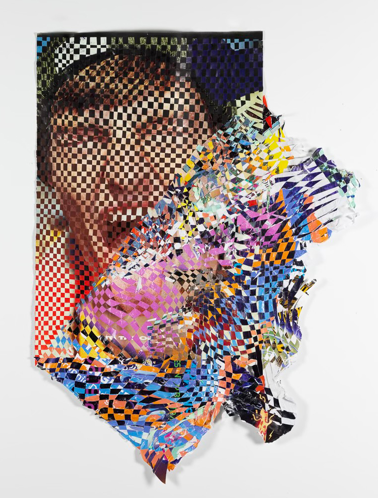 A collaged canvas featuring a screaming face made out of colorful checkered pieces.