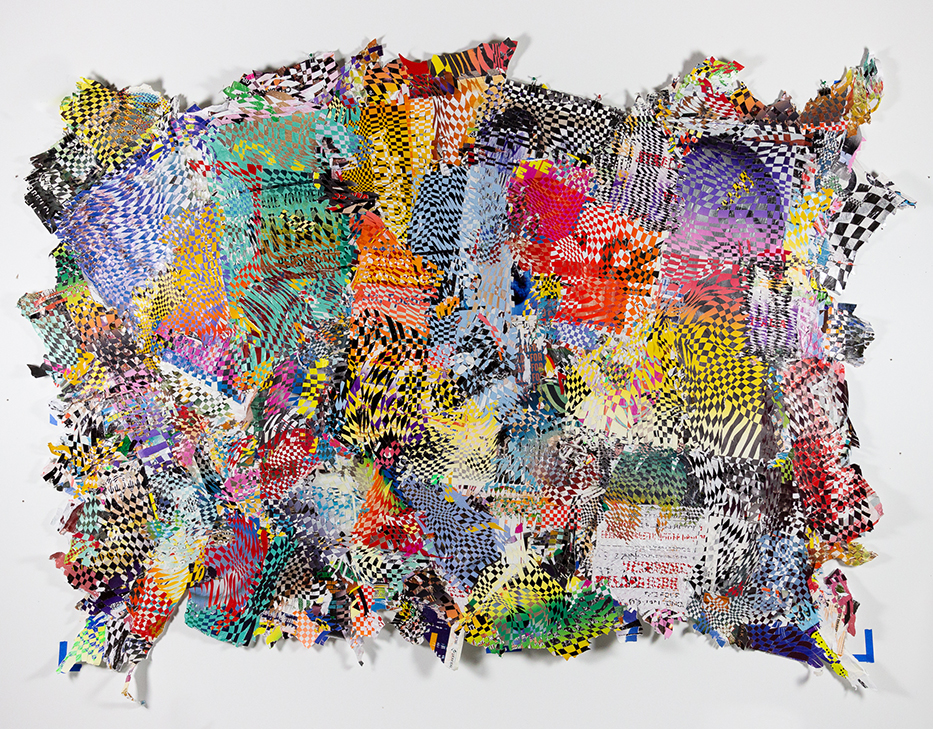 A collaged canvas featuring layered checkered posters.