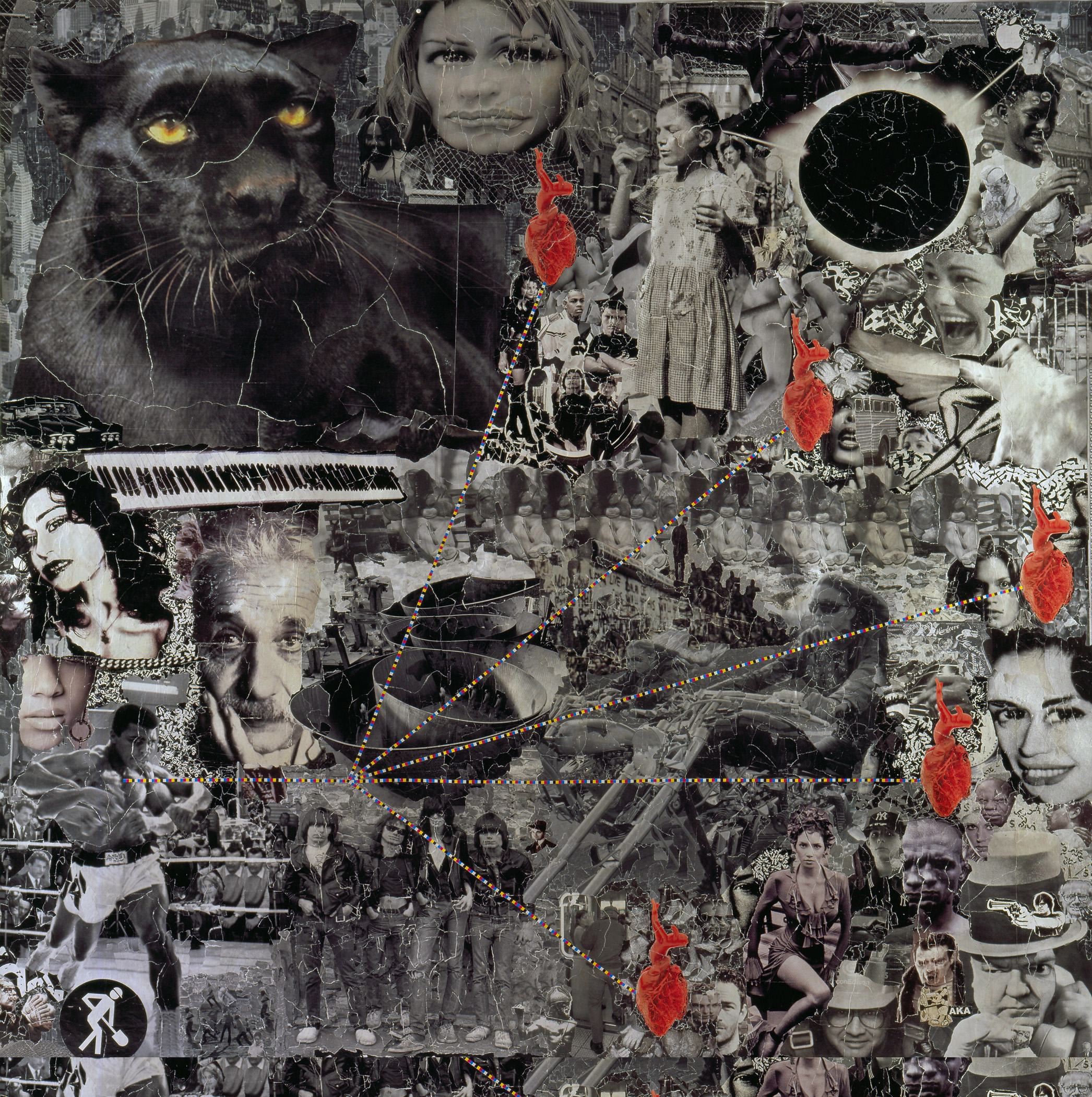 A collaged canvas featuring various images of famous figures, animals, and people.