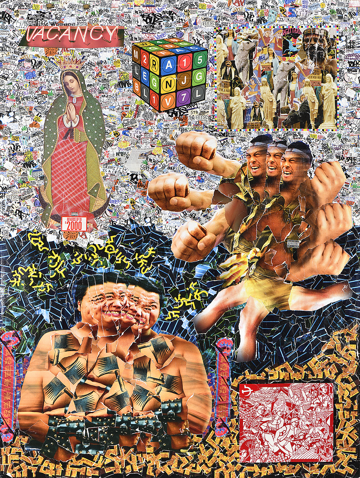 A collaged canvas featuring various street posters, including Kung-Fu and rubik's cube images.