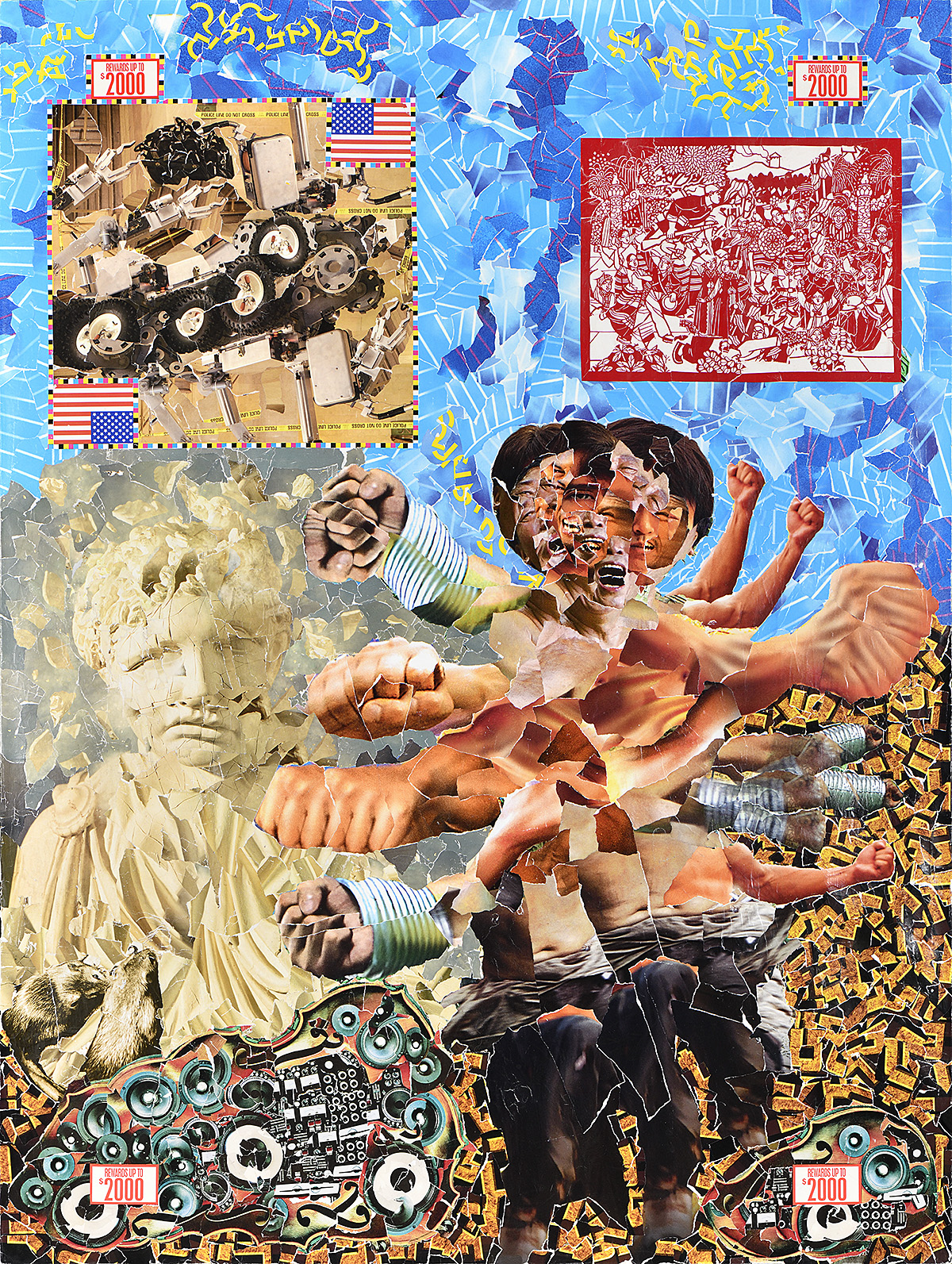 A collaged canvas featuring various street posters, including Kung-Fu and statue images.