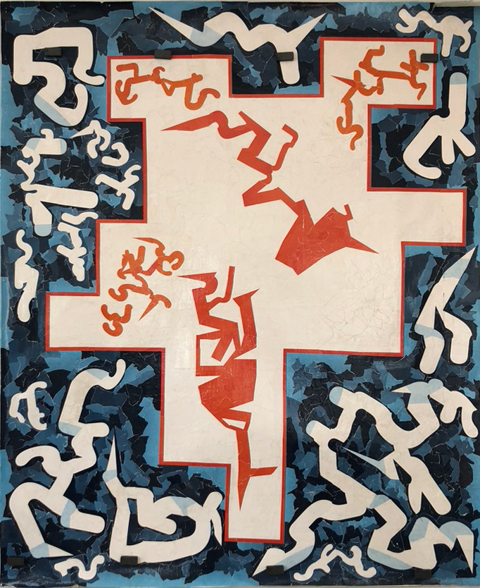 A collaged canvas featuring red, blue, and white abstract shapes.