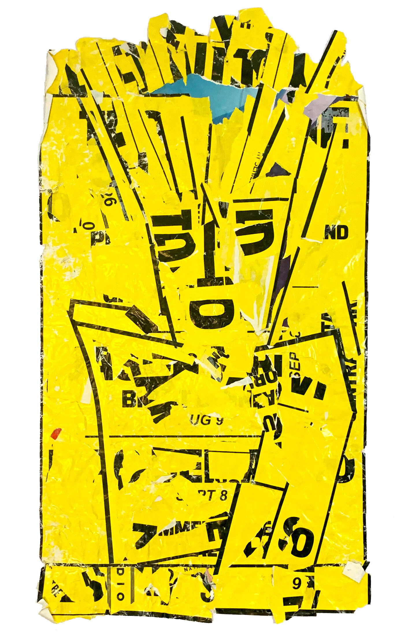 A collaged canvas featuring a yellow figure made from multiple street posters.