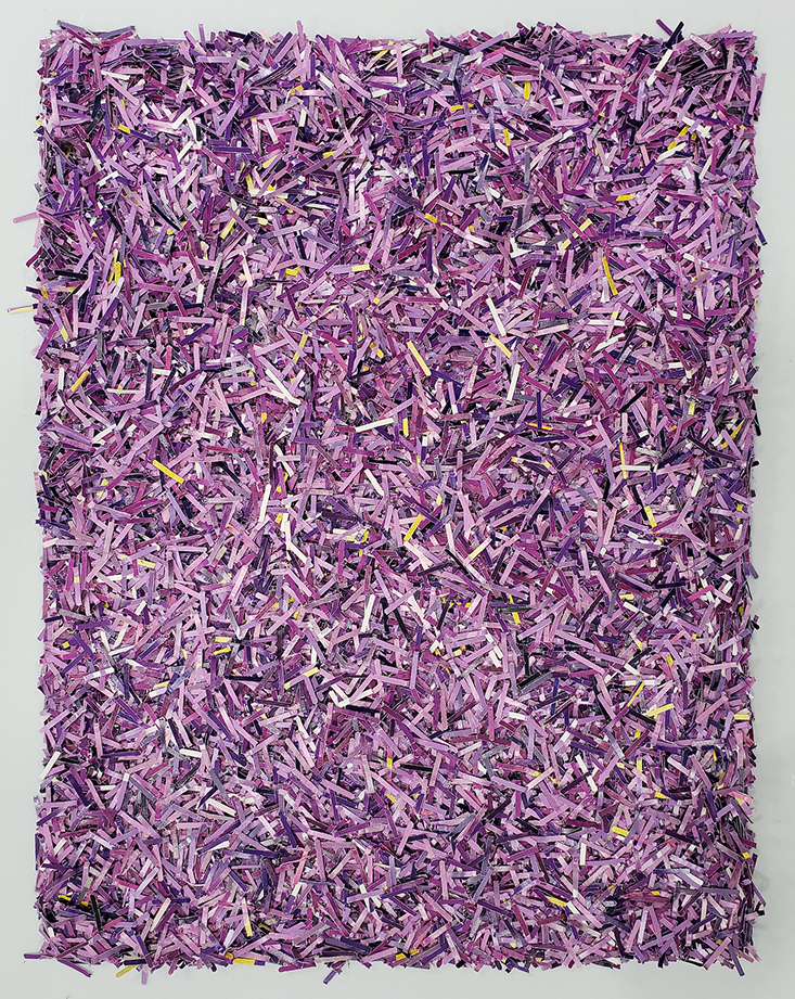 A collaged canvas featuring a square of shredded purple papers.
