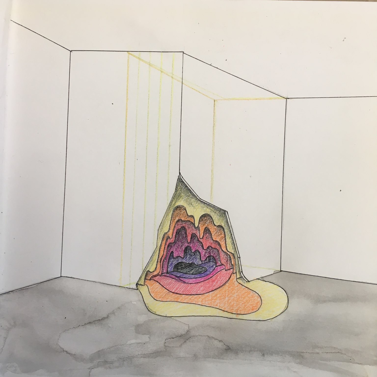 A collaged and illustrated canvas featuring a room with wall openings that melt on the floor.