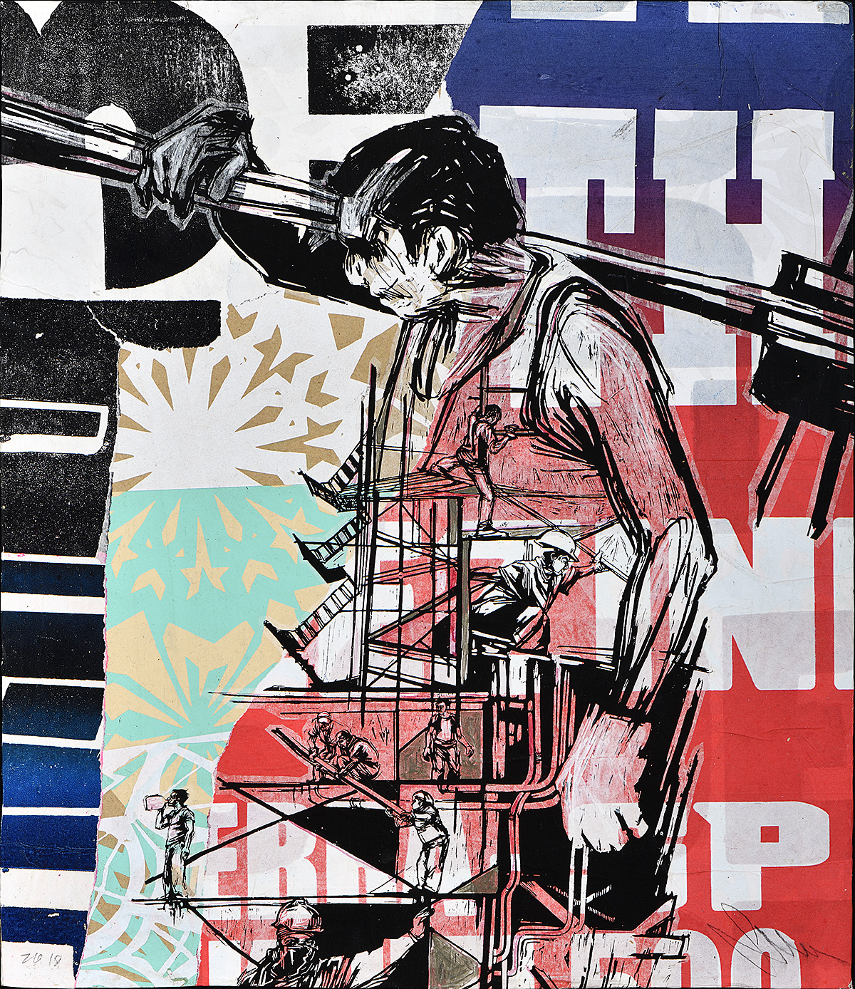 A multi-media artwork of a construction worker and scaffolding overlaying text.