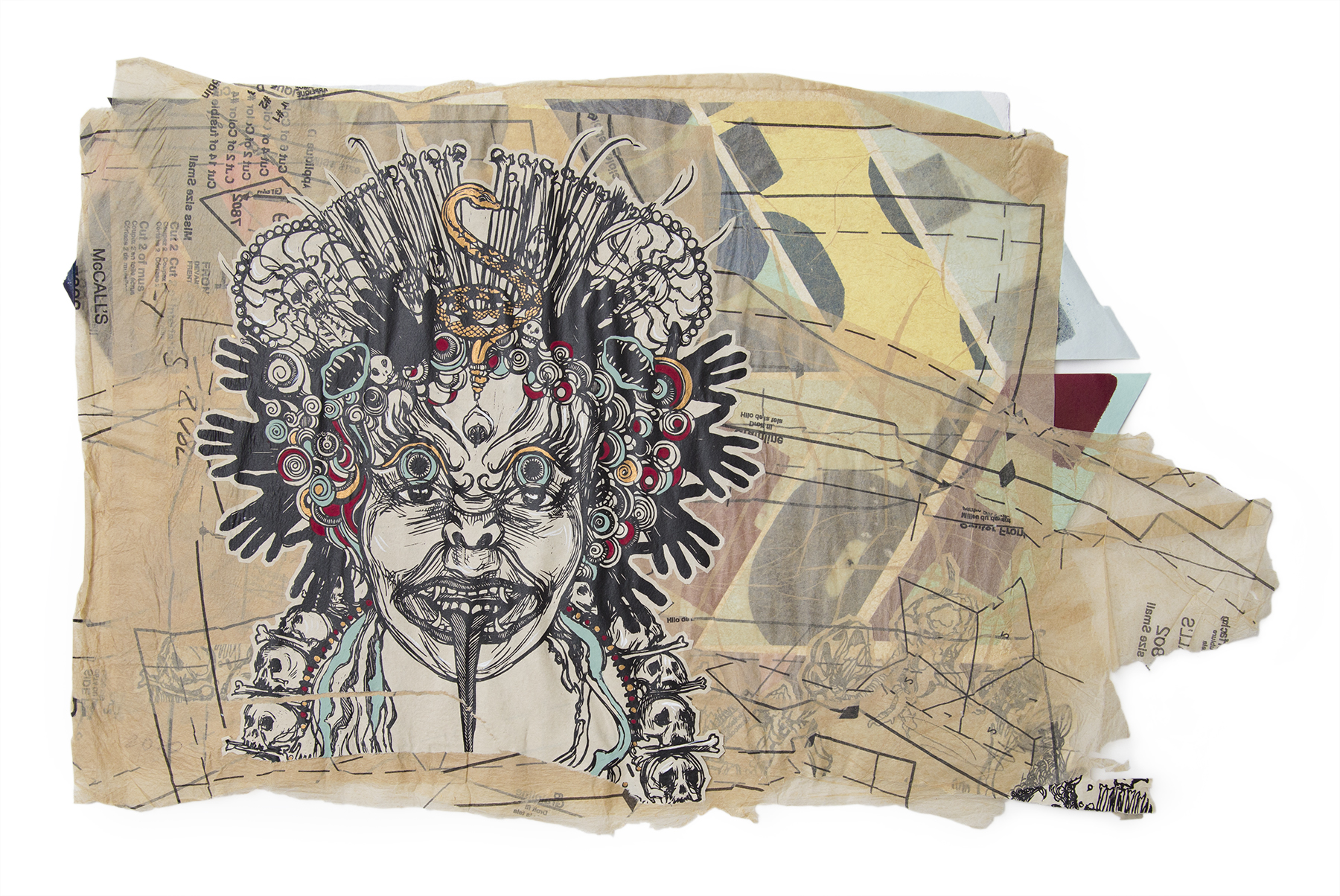 A collaged canvas featuring a figure wearing an extravagant crown with skulls on their shoulders.