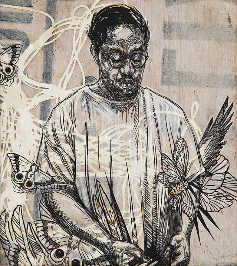 A multi-media artwork featuring a figure looking down at their hands, surrounded by moths.