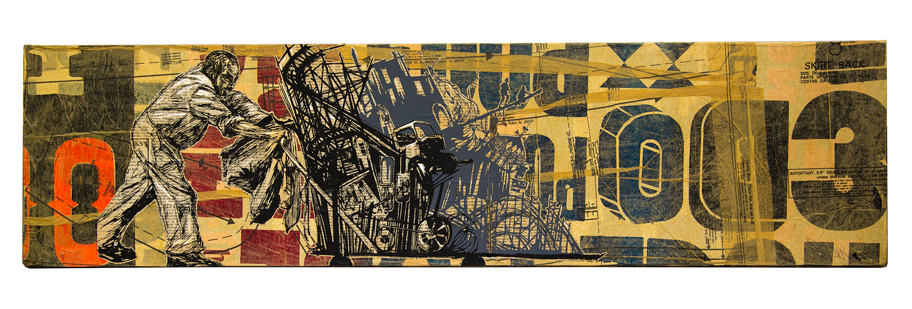 A collaged canvas featuring a figure pushing a cart of large objects, overlaying text.