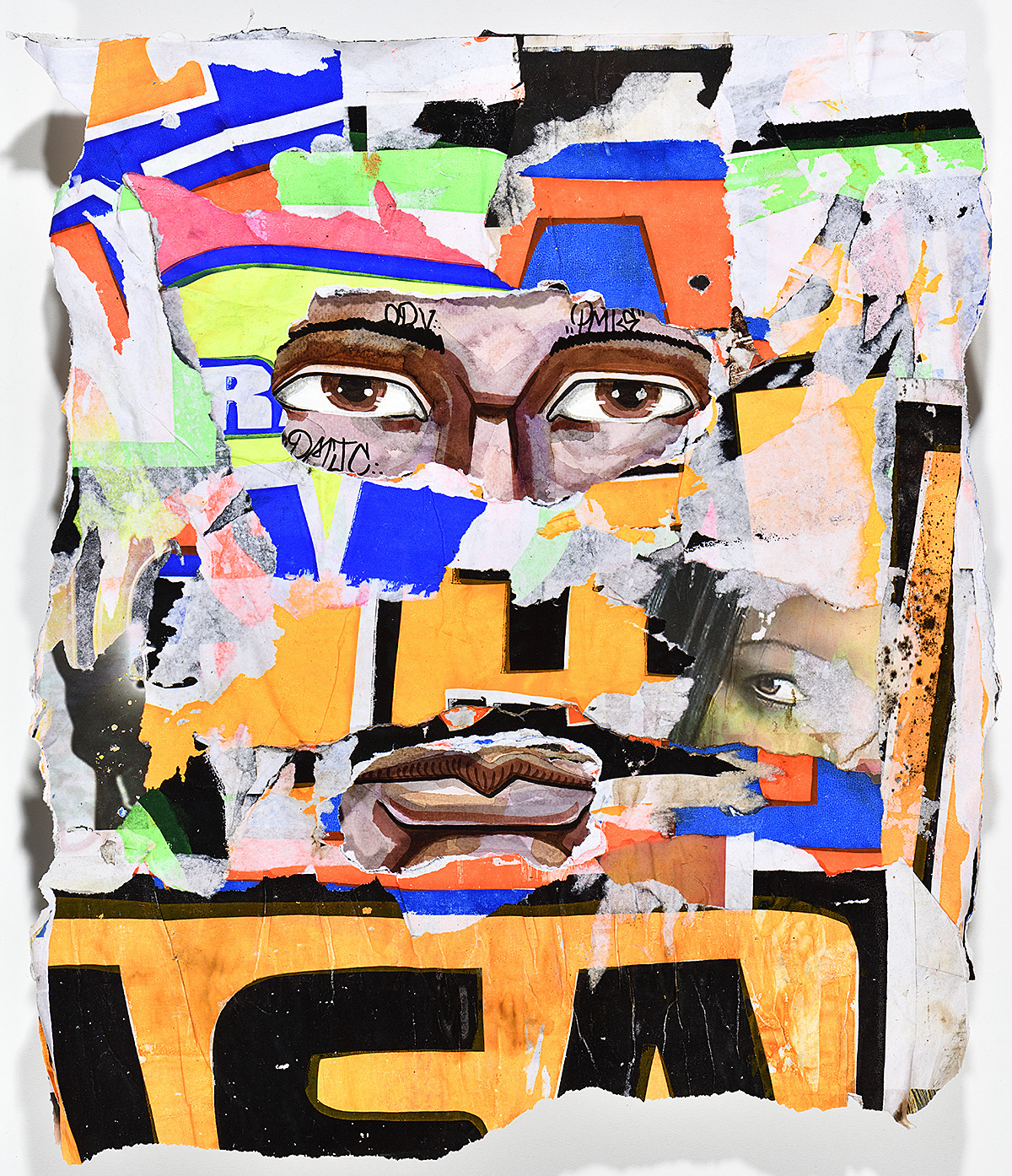 A collaged canvas featuring a pair of glasses, eyes, and mouth overlaying colorful ripped pieces.