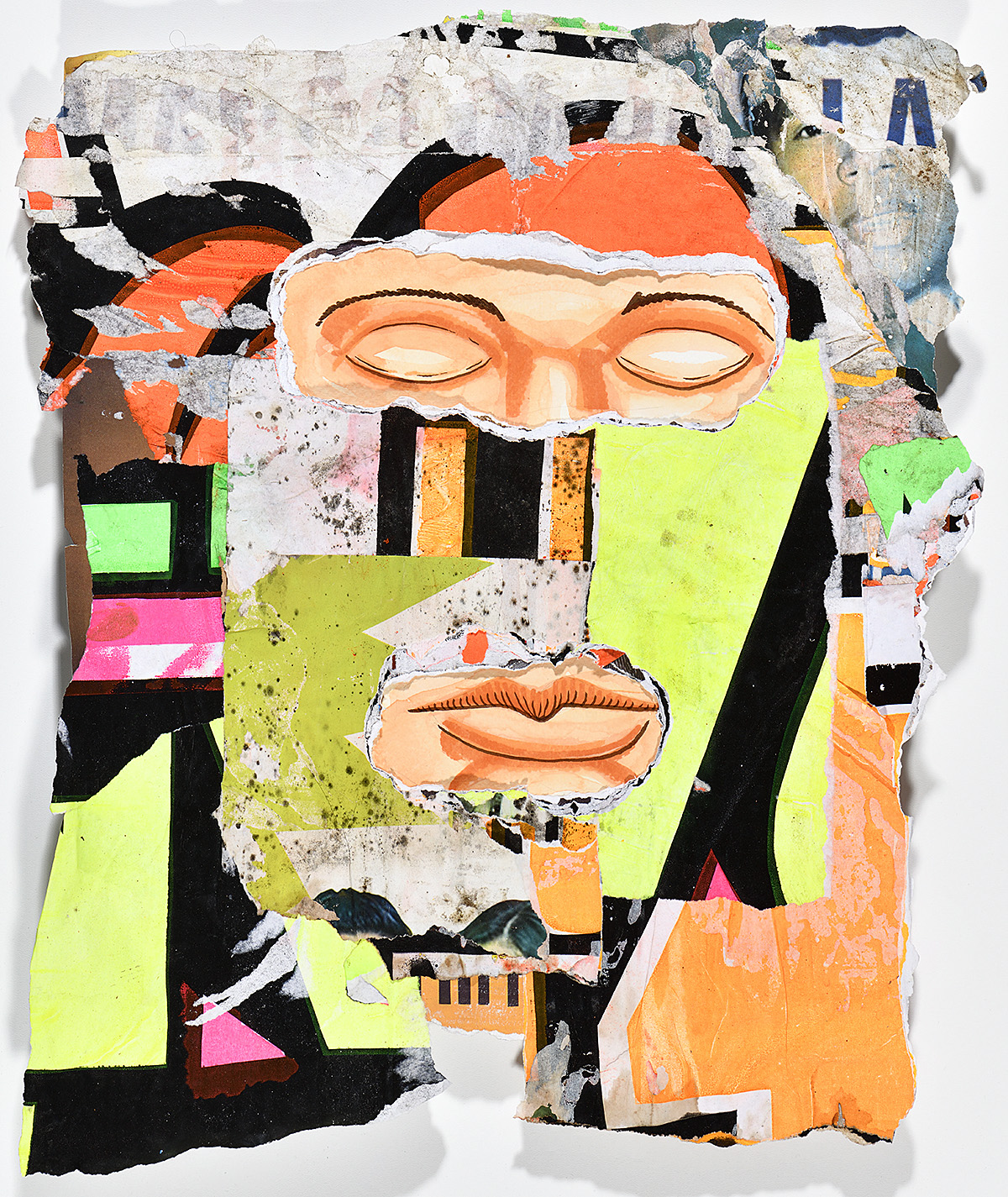 A collaged canvas featuring closed eyes and mouth overlaying colorful ripped pieces.