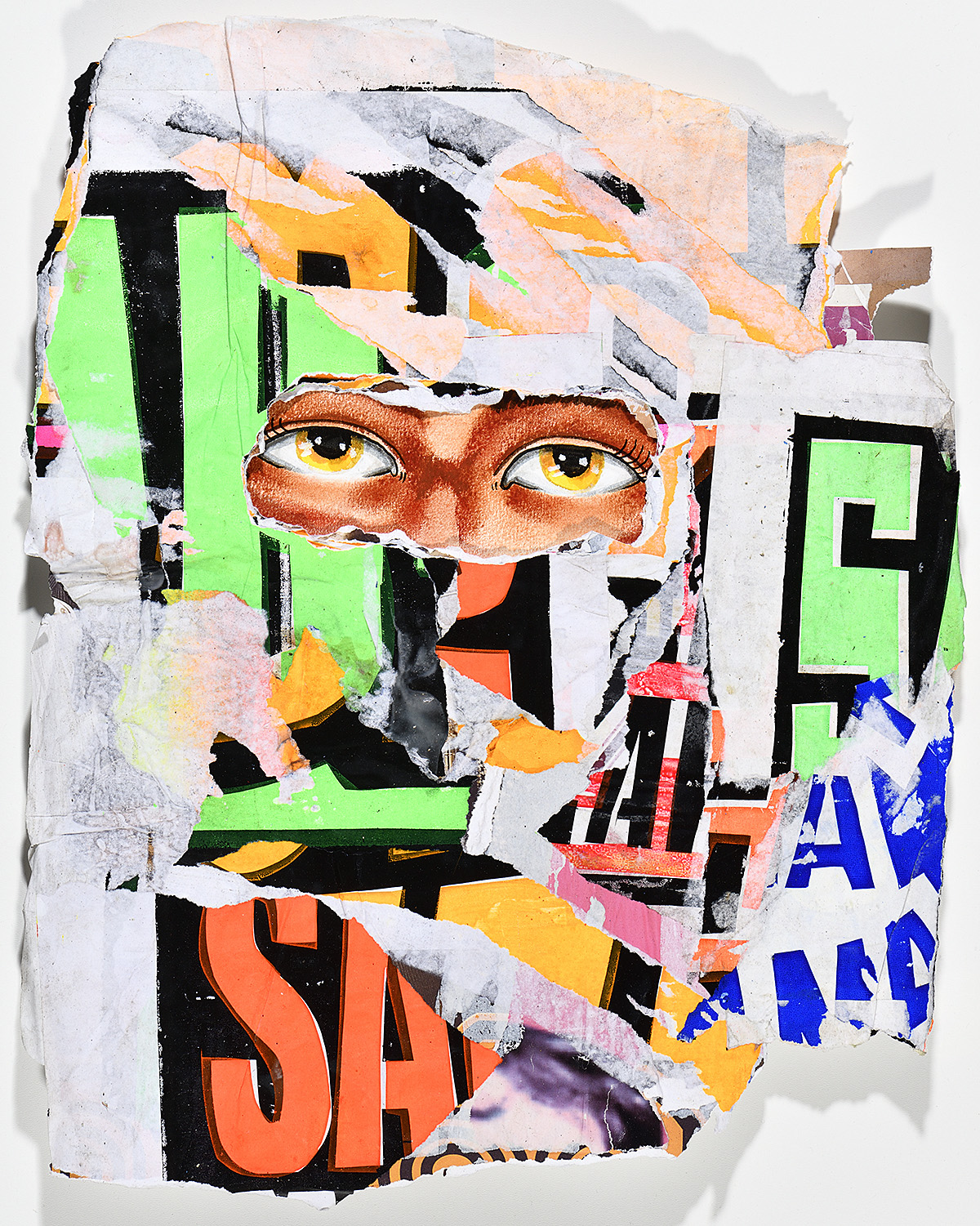 A collaged canvas featuring open eyes and mouth overlaying colorful ripped pieces.