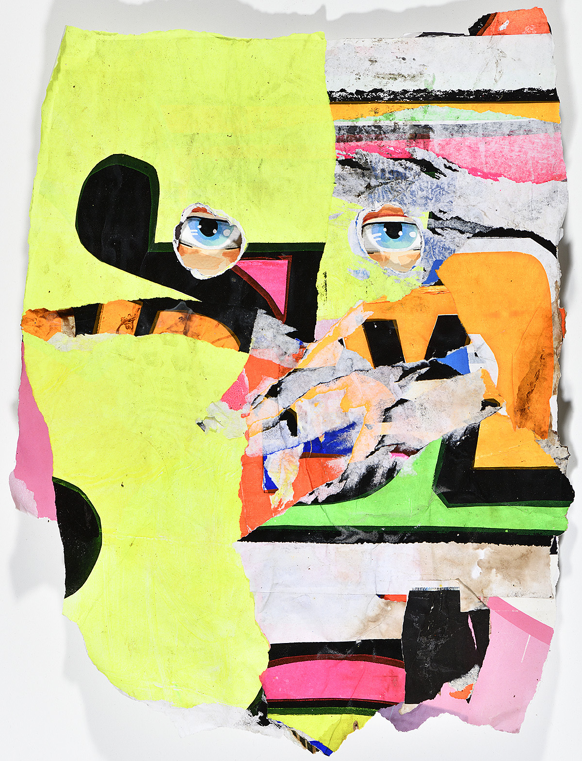 A collaged canvas featuring eyeballs overlaying colorful ripped pieces.