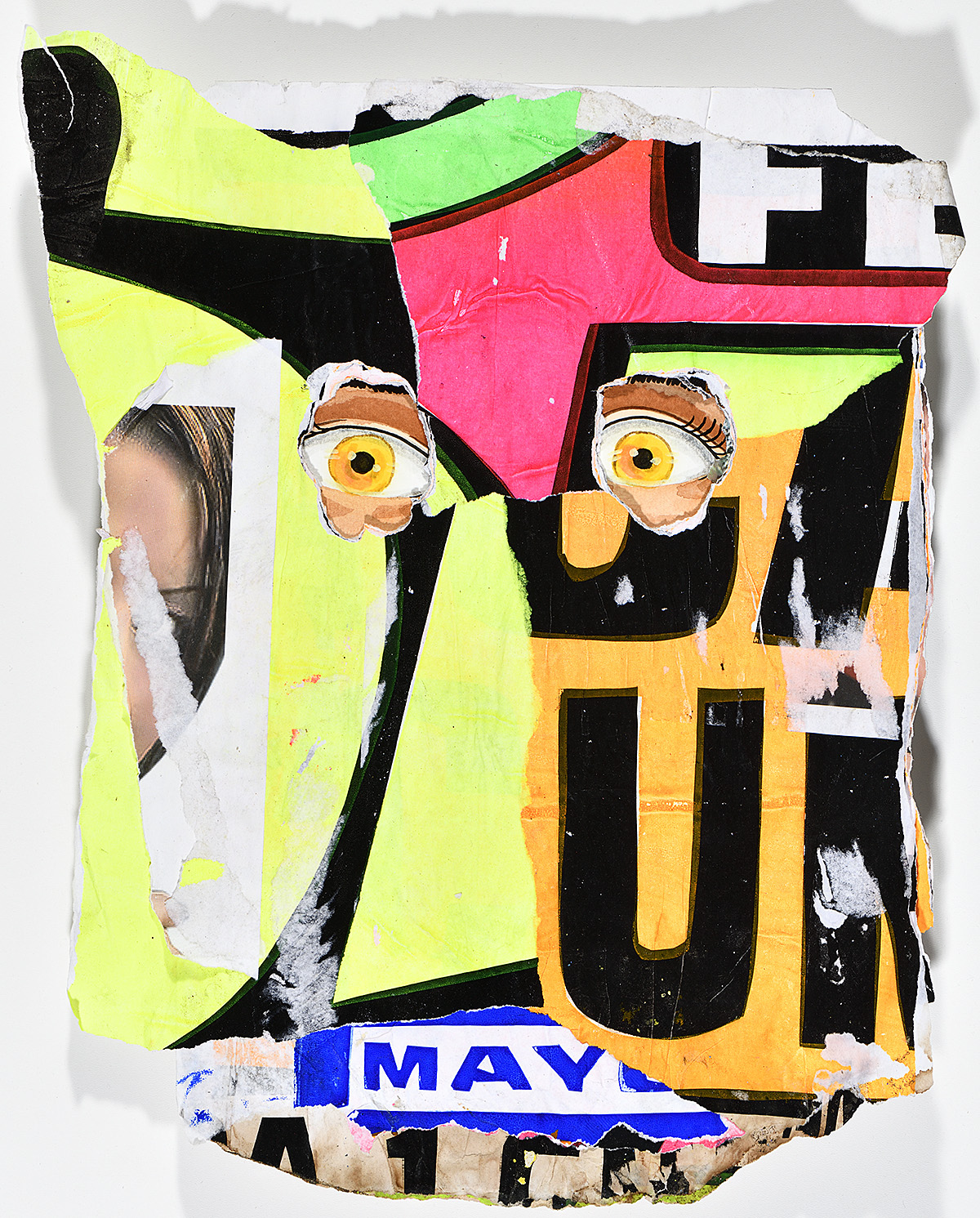 A collaged canvas featuring surprised eyeballs overlaying colorful ripped pieces.