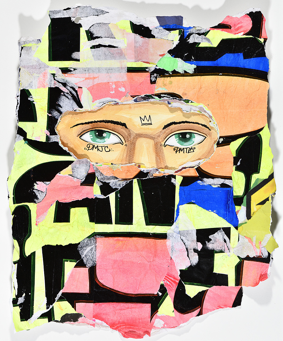 A collaged canvas featuring a pair of eyes overlaying colorful ripped pieces.