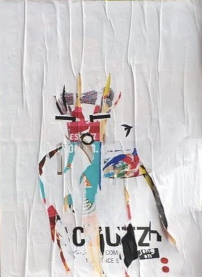 A collaged abstract canvas featuring a white background with ripped multicolored images.