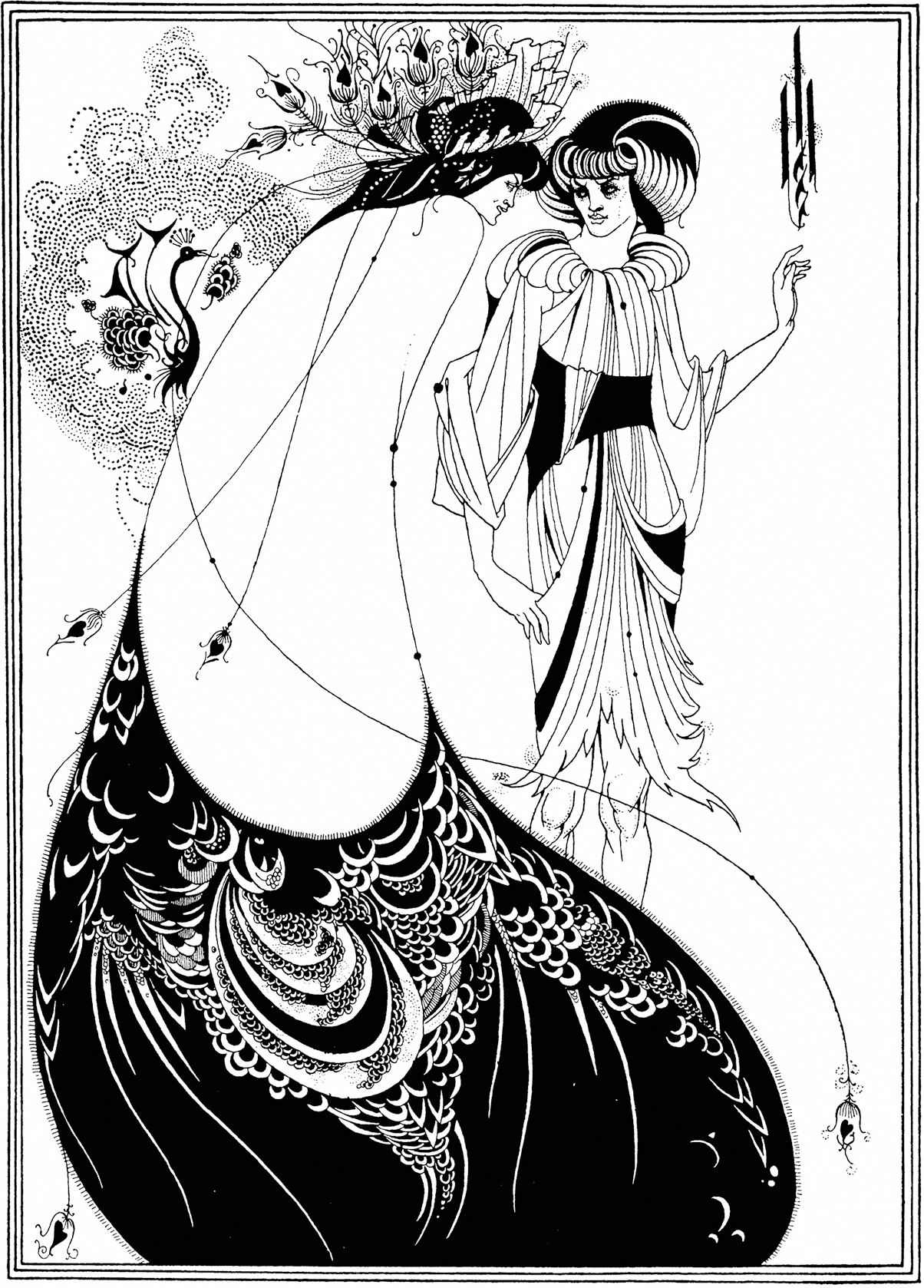 A black and white illustration of two women talking with one woman facing away wearing a peacock skirt.