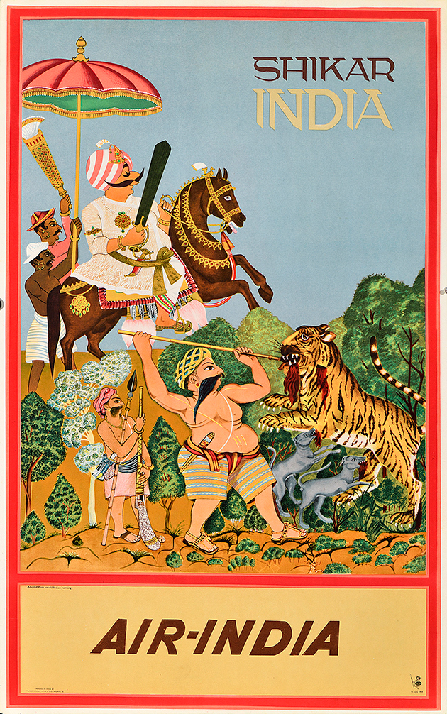 A photo-offset poster of a mustachioed figure riding a horse. Others around him fight wild animals.