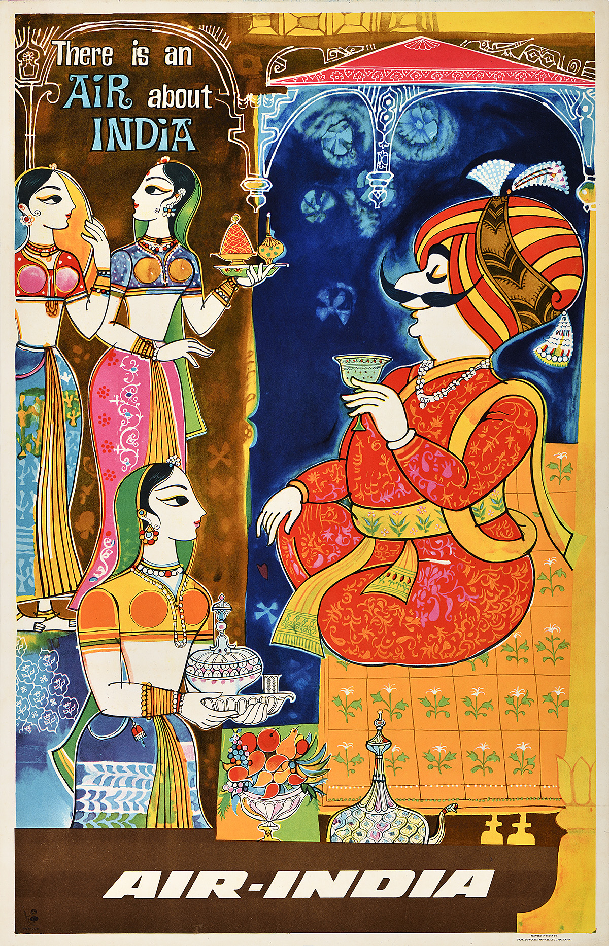 A photo-offset poster of a mustachioed figure holding a cup while women serve him.