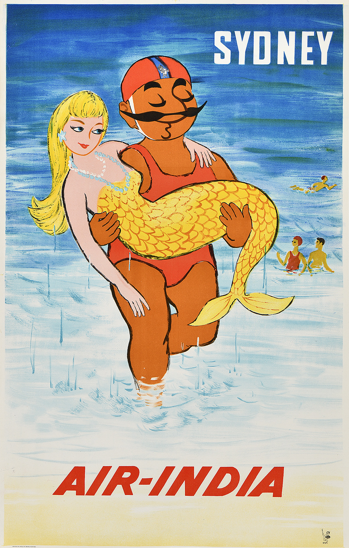 A photo-offset poster of a mustachioed figure wearing a swimming cap. He holds a mermaid.