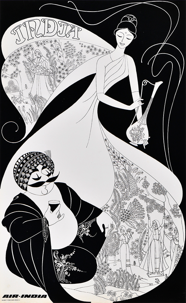 A photo-offset poster of a mustachioed figure with a woman with a floral dress and a pitcher.