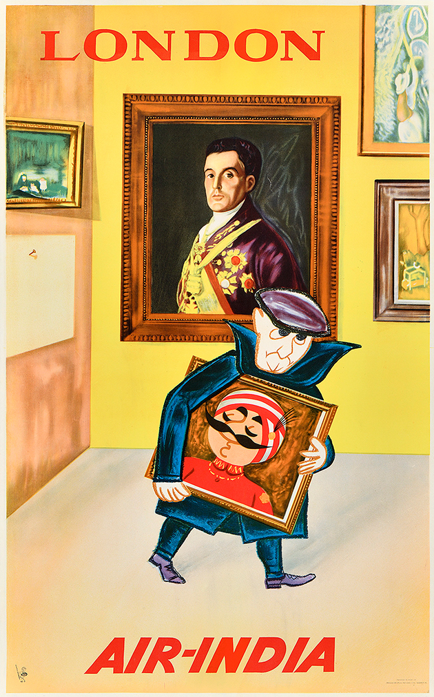 A photo-offset poster of an art thief stealing a painting of a mustachioed figure.