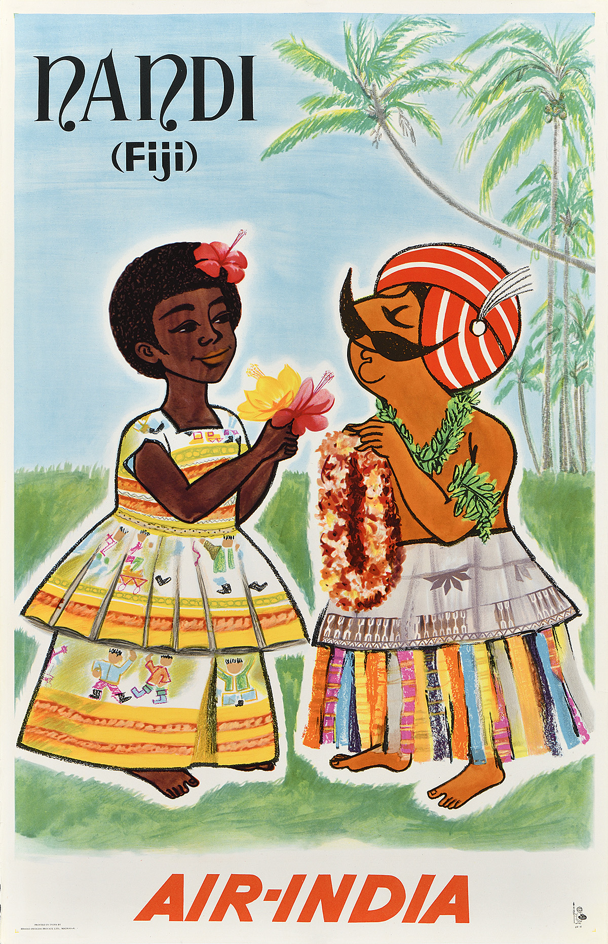 A photo-offset poster of a mustachioed figure wearing a turban and a lei with a woman from Fiji.