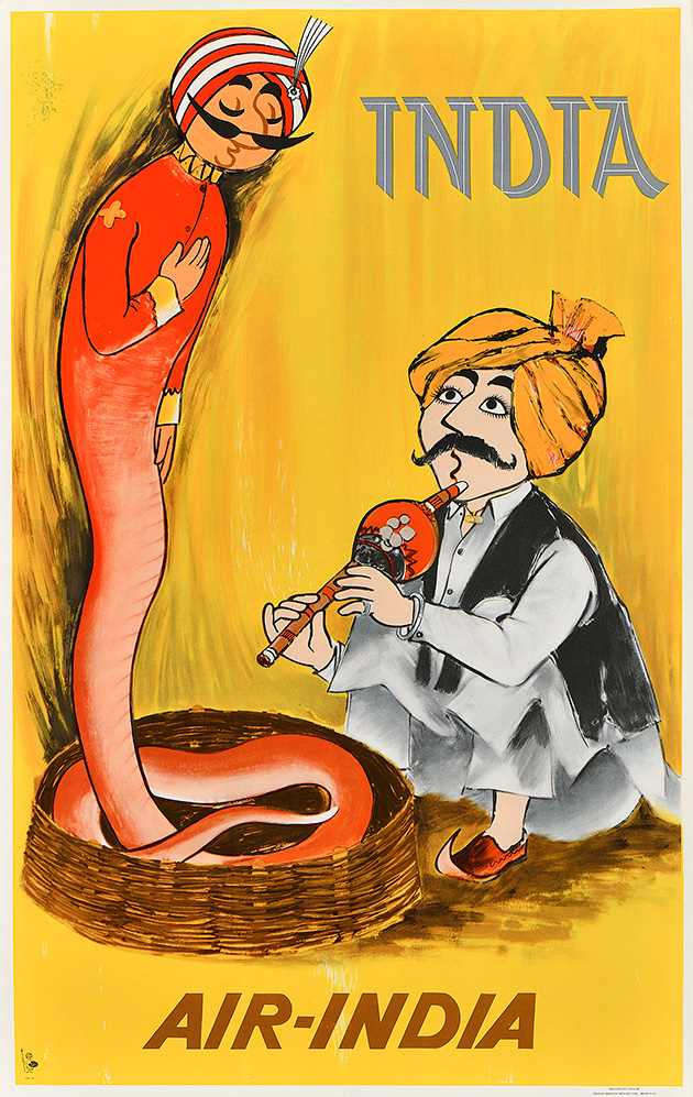 A photo-offset poster of a mustachioed figure playing a pungi to a snake with his head.