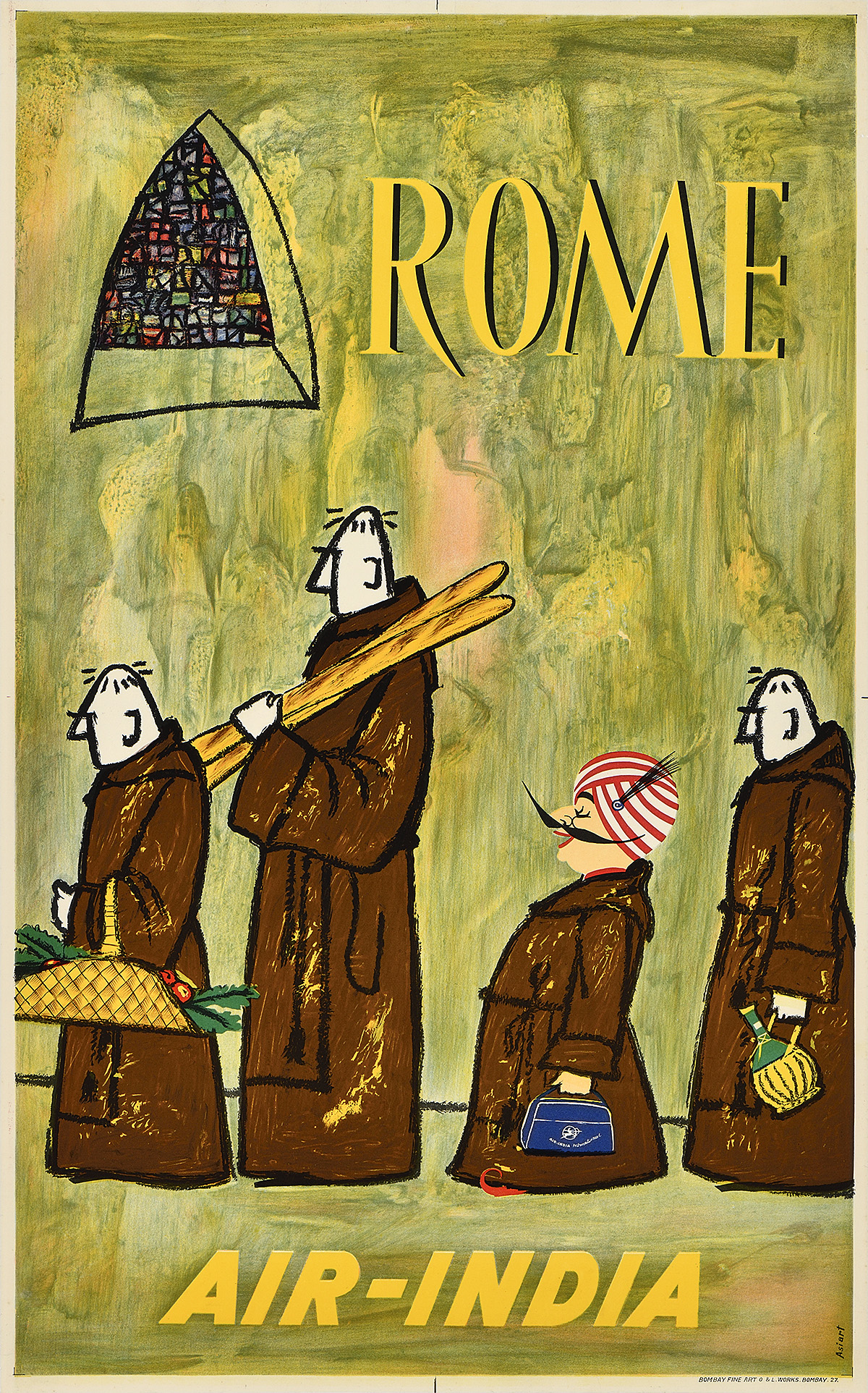 A photo-offset poster of a mustachioed figure wearing a turban. He is among four monks in a line.