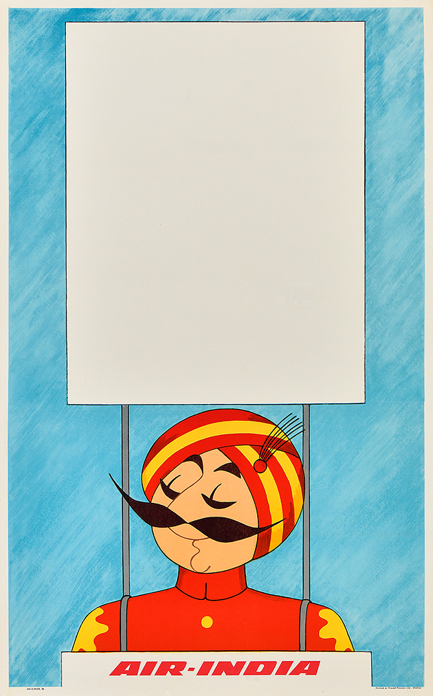A photo-offset poster of a mustachioed figure wearing a turban holding a blank sign.