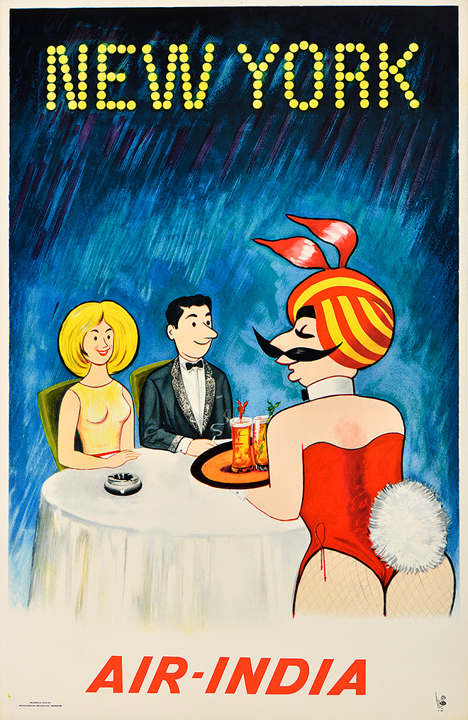 A photo-offset poster of a mustachioed figure in a sexy bunny outfit, serving a seated couple.