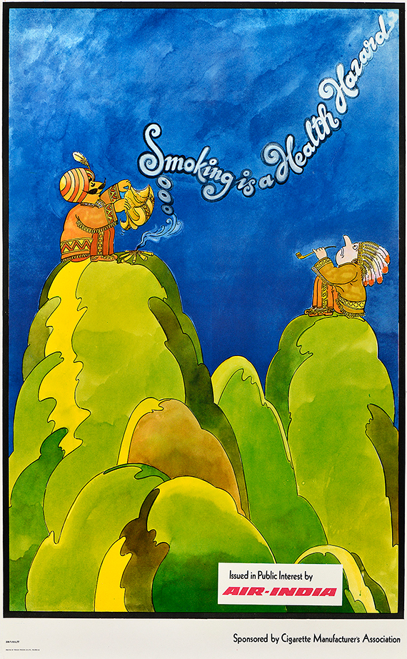 A photo-offset poster of two figures. A mustachioed figure fans flames while another smokes a pipe.