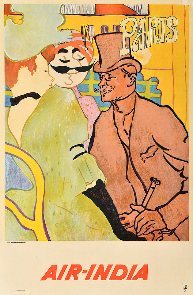 A photo-offset poster of a romantic couple with a mustachioed figure inbetween them.