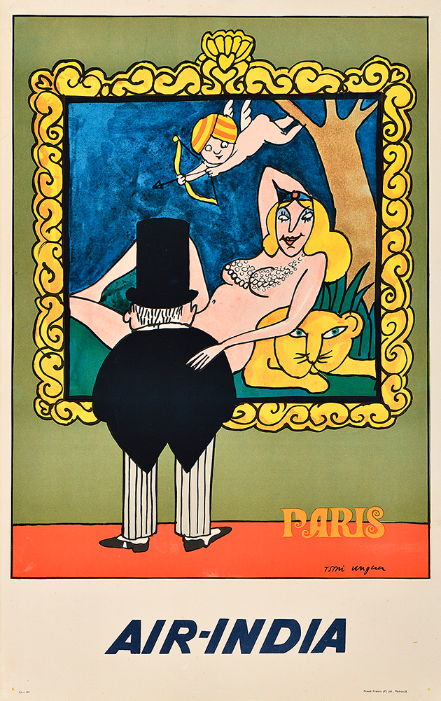 A photo-offset poster of a figure in a top hat facing a painting of a naked woman.