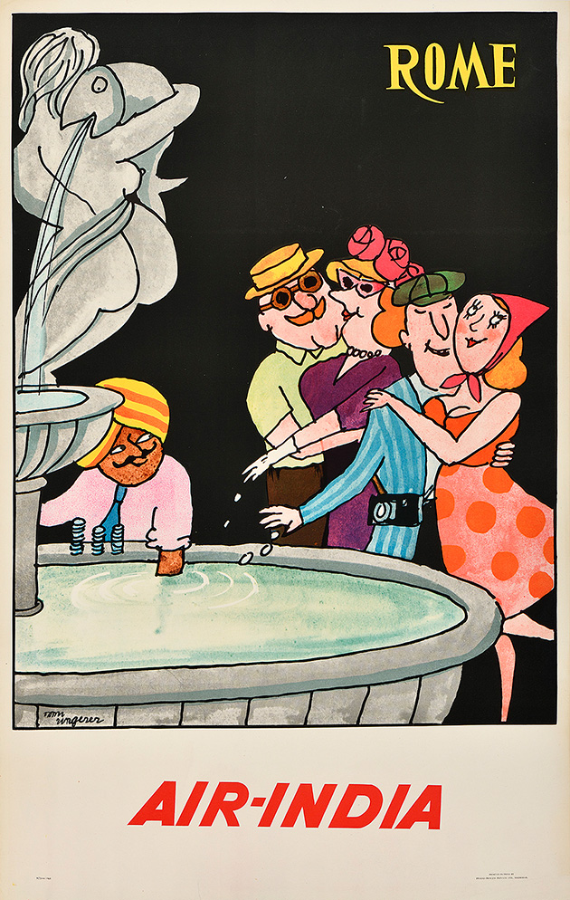 A photo-offset poster of a mustachioed figure with couples at a fountain.