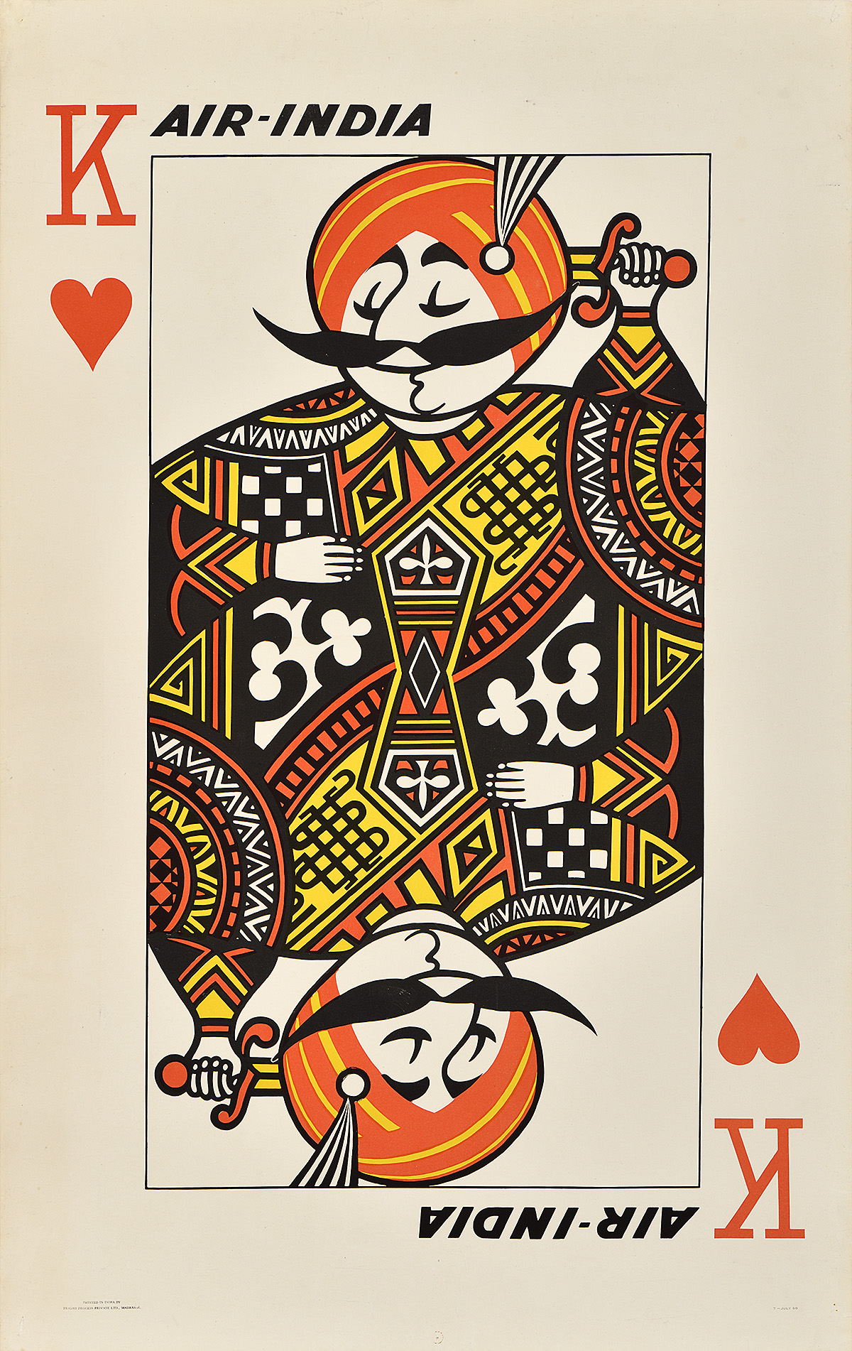A photo-offset poster of a mustachioed figure dressed up as the King of Hearts.