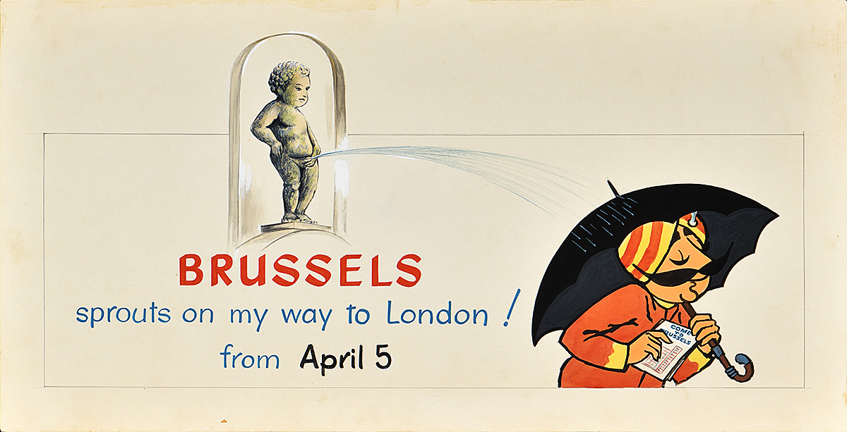 A billboard mockup of a mustachioed figure holding an umbrella while a statue pees on him.