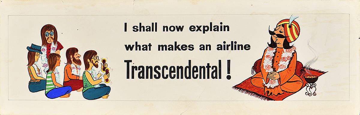 A billboard mockup of a mustachioed figure wearing a turban sitting on a rug next to onlookers.