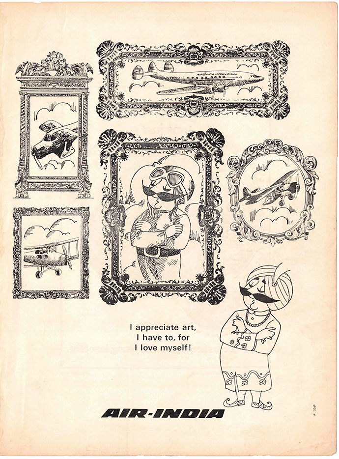 A photo-offset poster of a mustachioed figure admiring photographs of him as a pilot.