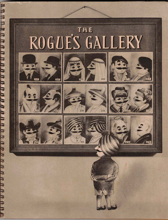 A catalog cover of a mustachioed figure wearing a turban admiring mugshots in 