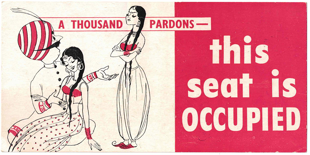 A card with a woman sitting on a mustachioed figure's lap. Another dissaproving woman looks on.